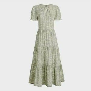 Floral puff-sleeve tiered midi dress / LARGE / FEATHERED SAGE WHITE